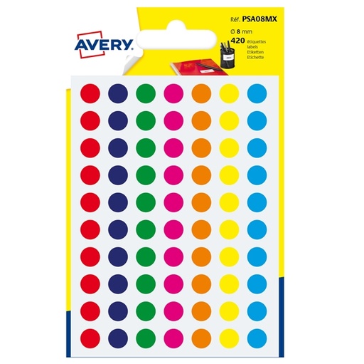 [D83399] Blister 420 etichetta adesiva tonda PSA col.ass. diam.8mm Avery