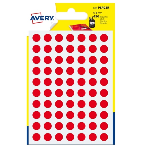 [D83402] Blister 490 etichetta adesiva tonda PSA rosso diam.8mm Avery