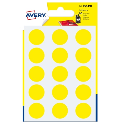 [D83403] Blister 90 etichetta adesiva tonda PSA giallo diam.19mm Avery