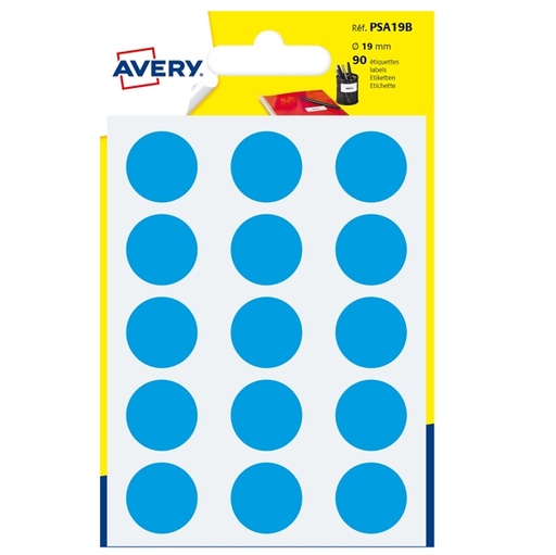[D83409] Blister 90 etichetta adesiva tonda PSA blu diam.19mm Avery