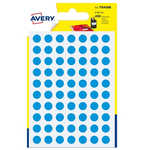 [D83411] Blister 490 etichetta adesiva tonda PSA blu diam.8mm Avery