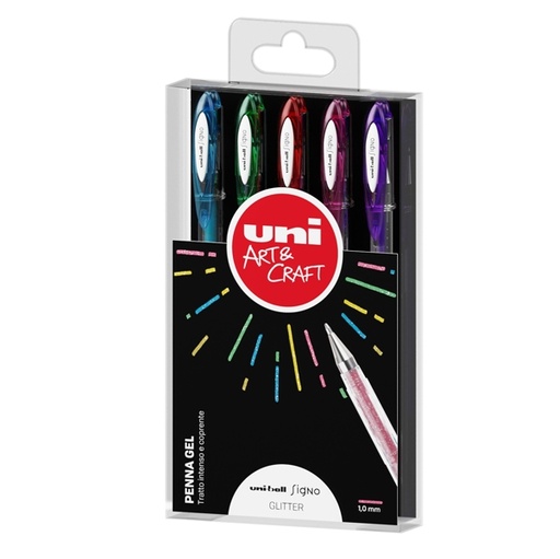 [D84758] Ast. 5 penna sfera gel UNI-BALL SIGNO 1,0mm col. ass. glitter UNI MITSUBISHI