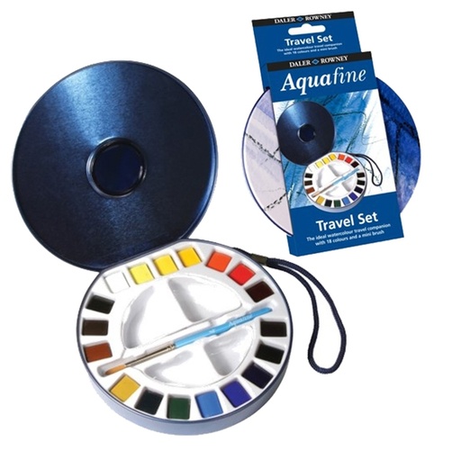 [D85385] Acquerelli AQUAFINE Scatola met. 18 godet +pennello+2 tavolozze Daler Rowney