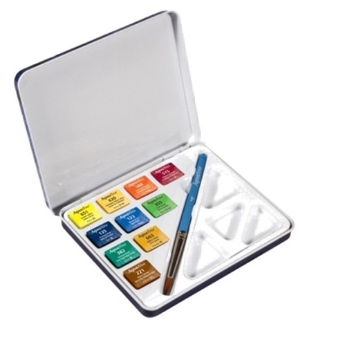 [D85386] Acquerelli AQUAFINE Scatola met. 10 godet +pennello+tavolozza Daler Rowney