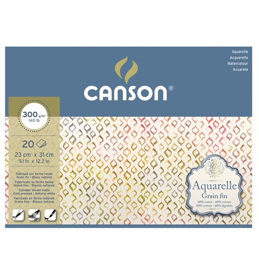 [D85633] Blocco collato 4 lati AQUARELLE 23x31 cm 20 fg. 300 gr. grana fine Canson