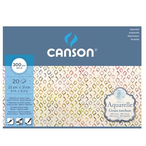 [D85635] Blocco collato 4 lati AQUARELLE 23x31 cm 20 fg. 300 gr. grana ruvida Canson