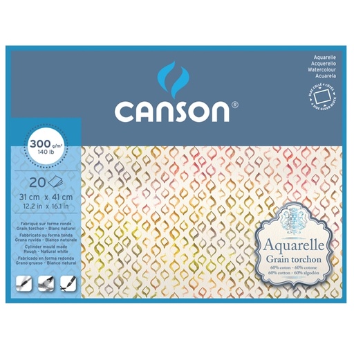[D85636] Blocco collato 4 lati AQUARELLE 31x41cm 20 fg. 300 gr. grana ruvida Canson