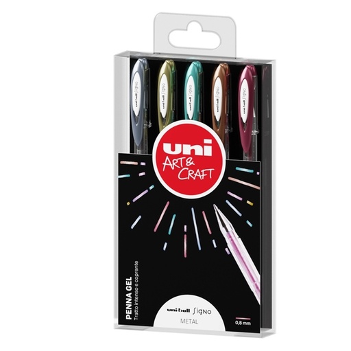 [D85796] Astuccio 5 penna sfera gel UNI-BALL SIGNO 0,8mm col.asS. metal UNI MITSUBISHI