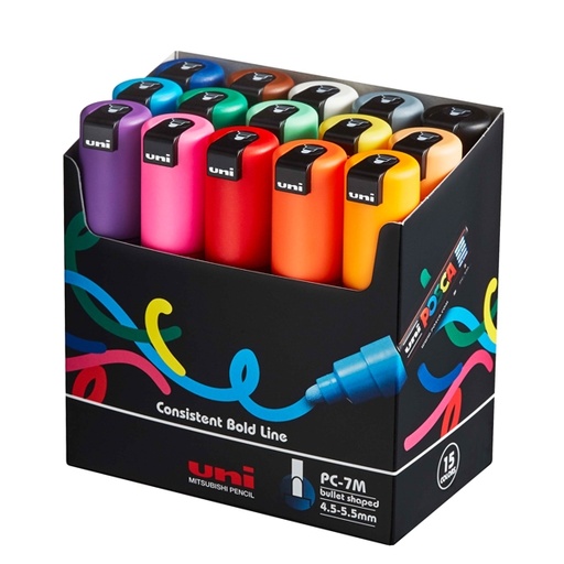 [D85825] Astuccio 15 marcatori UNI POSCA PC7M p.large 4,5-5,5mm col. ass. UNI MITSUBISHI