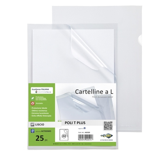 [D94515] 25 Cartelline a L in PP trasparente alto spessore 22x30cm Poli T Plus Sei rota