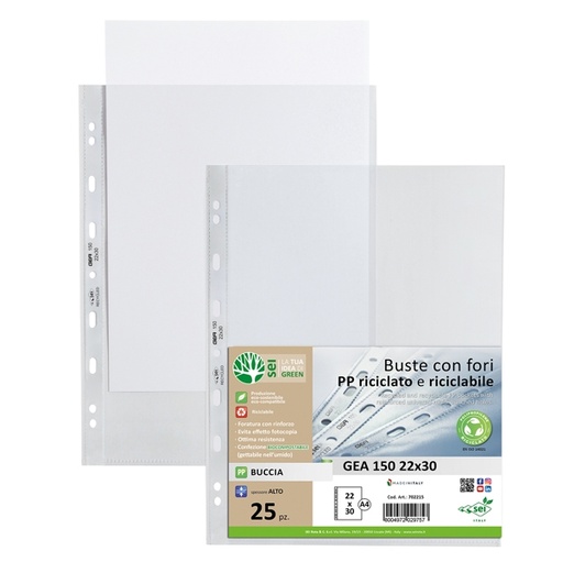 [D94531] Conf 25 Buste forate in PP riciclato buccia pesante 22x30cm GEA 150 Sei rota