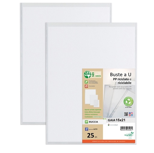 [D94534] Conf 25 Buste a U in PP riciclato 15X21cm GAIA Sei rota