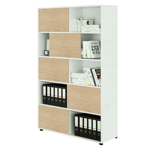 [D86673] Libreria alta a 5 ripiani ante scorr. 120X35cm H191cm BIANCO/ROVERE - Tetris