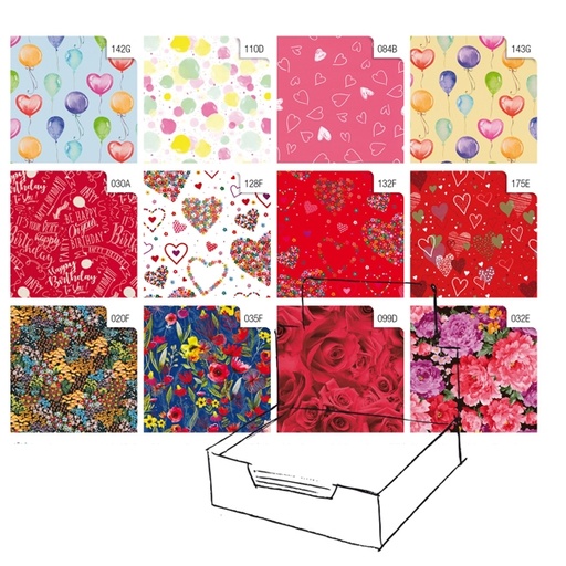 [D88310] Scatola 100fg carta regalo Raso Fantasia 70X100cm Rex Sadoch