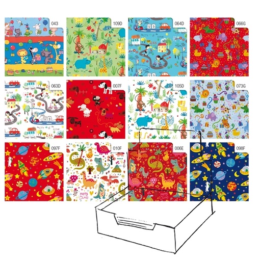[D88312] Scatola 100fg carta regalo Raso Bambini 70X100cm Rex Sadoch
