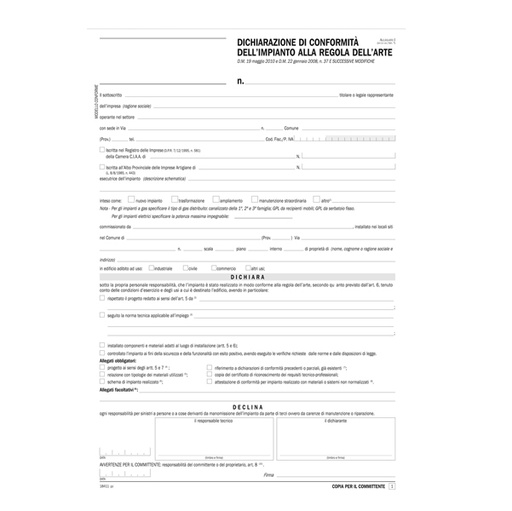 [D88640] Dichiarazione conformita' impianto snap 5 copie autor. DU184110000 Data Ufficio