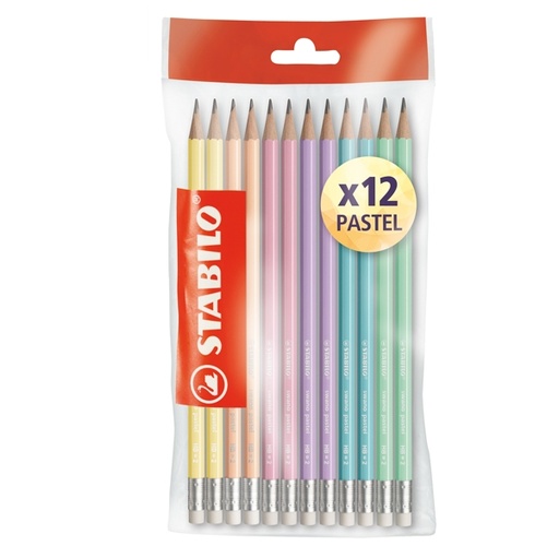 [D88892] Blister 12 matite grafite c/gommino HB fusto in 6 colori pastel Stabilo