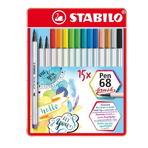 [D89131] Scatola metallo 15 pennarelli PEN 68 Brush Stabilo