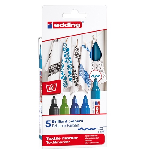[D89135] Astuccio 5 colori freddi per tessuto punta 2,0-3,0mm Edding