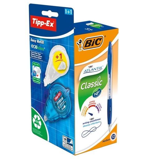 [D89195] Promo box 12 penne sfereBic Atlantis Classic blu + 1 correttore Tipp-ex+refill