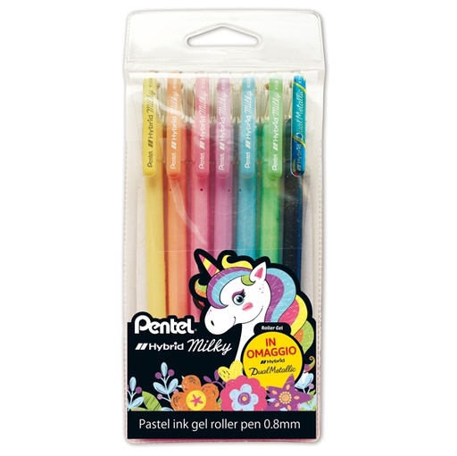 [D89213] Astuccio 6 roller gel Hybrid Milky 0,8mm colori pastelli assortiti Pentel