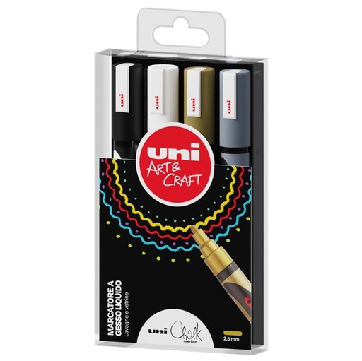 [D89223] Busta 4 marcatore a gesso liquido UNI CHALK p.tonda col.ass. (ne/bi/oro/arg)