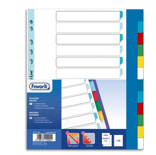 [D89341] Divisori neturi PP A4maxi 12 tacche col. Ass. Favorit