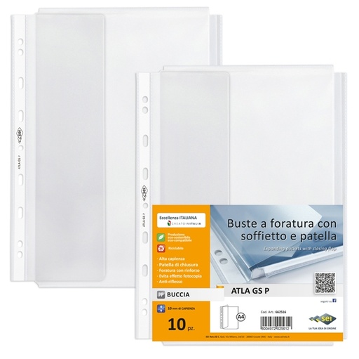 [D89404] 10 buste forate c/soffietto e patella A4 trasp. buccia Sei rota