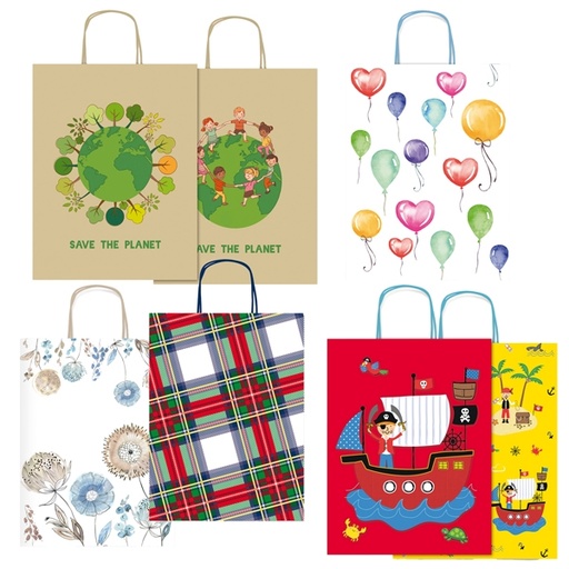 [D89464] Shopper carta kraft c/manici in carta ritorta 16x21x8cm fantasie ass. Rex Sadoch