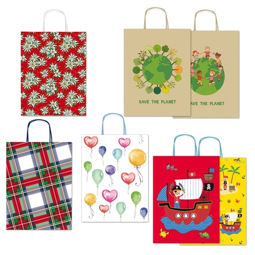[D89465] Shopper carta kraft c/manici carta ritorta 26x34,5x12cm fantasie ass. Rex Sadoch
