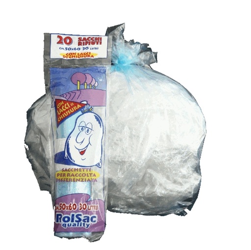 [D89601] Sacchi azzurro trasp. 50x60cm pz.20 30Lt 16µ Rolsac