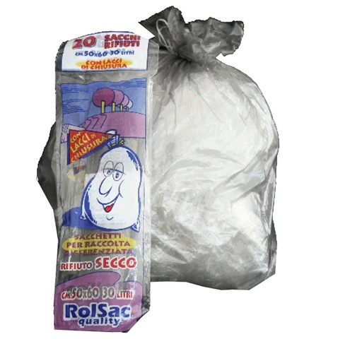 [D89603] 20 Sacchi trasparente neutro 50x60cm 30Lt 16µ Rolsac