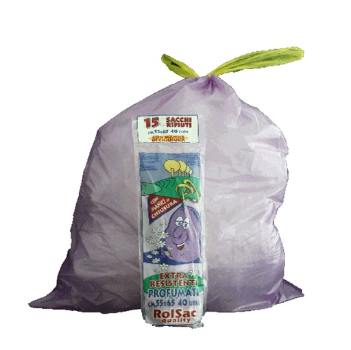 [D89606] 15 Sacchi viola 55x65cm 44Lt 18µ con maniglie Rolsac