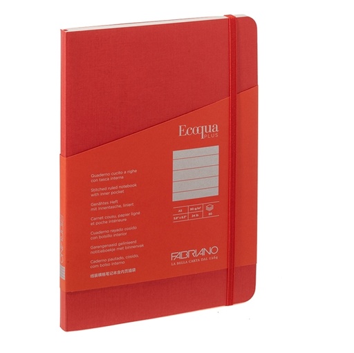 [D94731] Taccuino c/elastico EcoQua Plus cucito f.to A5 80 fg. righe lampone Fabriano