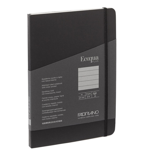 [D94732] Taccuino c/elastico EcoQua Plus cucito f.to A5 80 fg. righe nero Fabriano