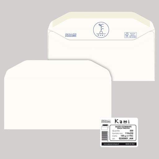 [D90091] 500 busteKAMI GOMMATE bianca carta riciclataFSC(R)s/finestra 110x230mm 100gr Pigna