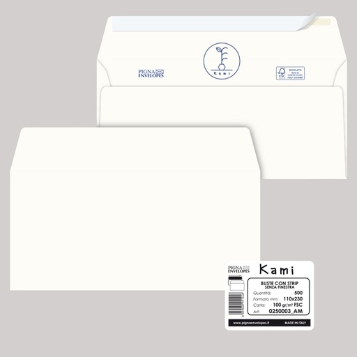 [D90093] 500 buste KAMI STRIP bianca carta riciclata FSC(R) s/finestra110x230mm 100gr Pigna
