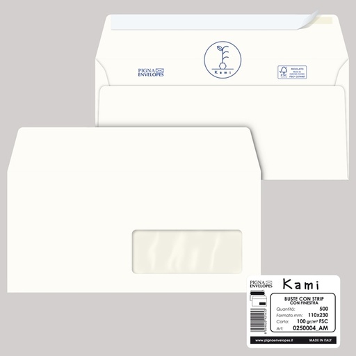 [D90094] 500 buste KAMI STRIP bianca carta riciclata FSC c/finestra 110x230mm 100gr Pigna
