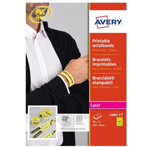 [D90134] Braccialetti identificativi Giallo 5fg A4 265x18mm (10et/fg) laser Avery