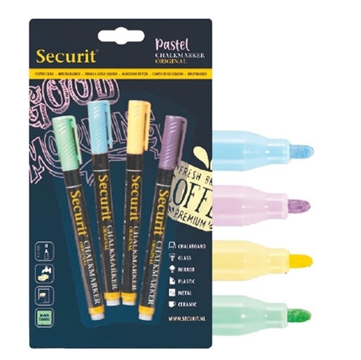 [D90139] Blister 4 marcatore a gesso liquido punta fine ass. Pastel SECURIT
