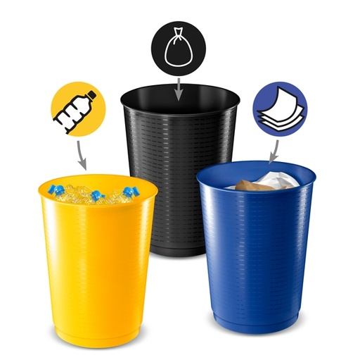 [D90198] Set 3 Cestini raccolta differenziata 40Lt giallo-blu-nero 1333 Cep