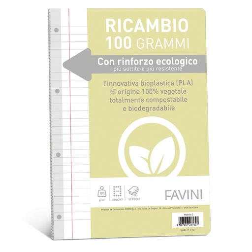 [D90736] Ricambi c/rinforzo ecologico f.to A4 100gr 40fg 1 rigo c/margine Favini