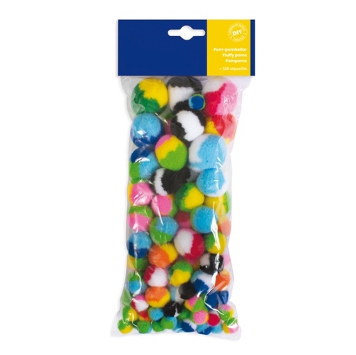 [D91584] Busta 100 pz pom-pon a strisce dim. 10-35mm in colori assortiti DECO