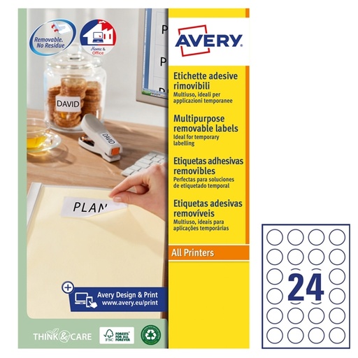 [D91777] Etichette adesive rotonde rimovibili diam.37mm (24et/fg) 25fg laser/inkjet Avery
