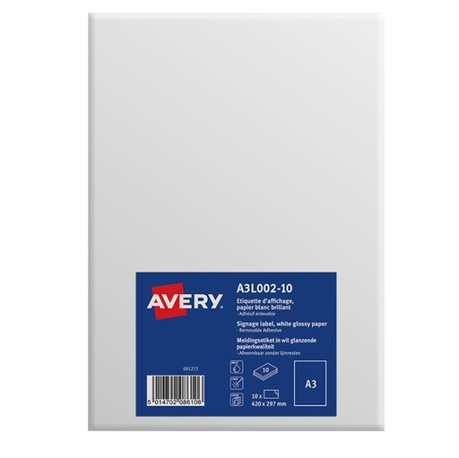 [D91973] Etichette A3 in carta bianca lucida rimovibile (1et/fg) 10ff Avery