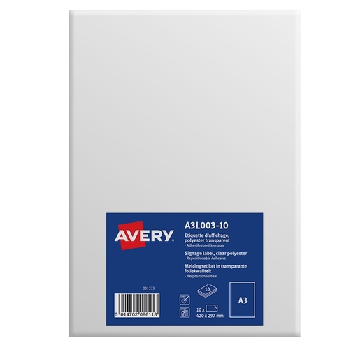 [D91974] Etichette A3 in poliestere trasparente autoaderenti (1et/fg) 10ff Avery