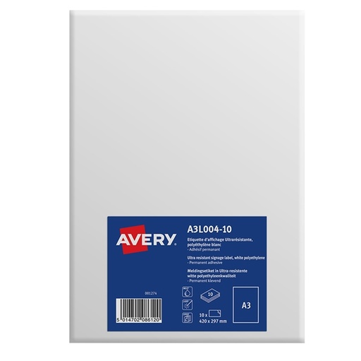 [D91975] Etichette A3 in Polietilene bianco opaco permanente (1et/fg) 10ff Avery