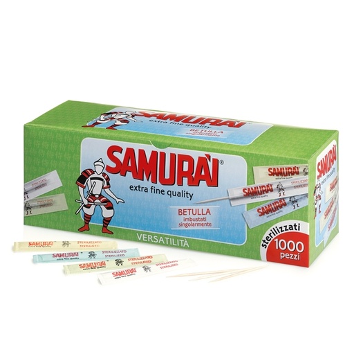 [D94956] Conf. 1000 Stuzzicadenti doppia punta in betulla sing. imbustati Samurai Party