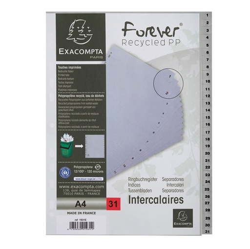 [D94274] Intercalare numerico in PP riciclato 31 tasti 1-31 grigio A4 Exacompta
