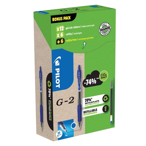 [D94299] Green pack 12penne + 12 refill roller gel scatto G-2 0,7mm blu PILOT